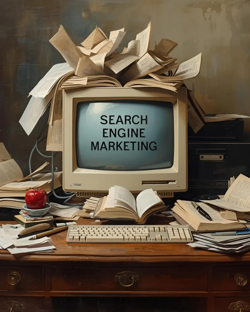 Cluttered desk with vintage computer