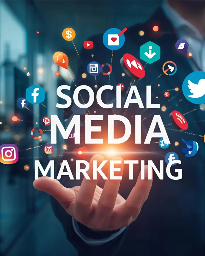 Hand reaching out with social icons